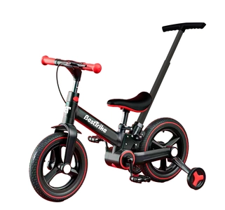 Велобіг-трансформер, 2-х колісний, з батьківською ручкою, PU 12 Best Trike BT-84119 чорно-червоний, складний, батьківська ручка, з’ємні педалі, ручне гальмо, допоміжні бокові колеса