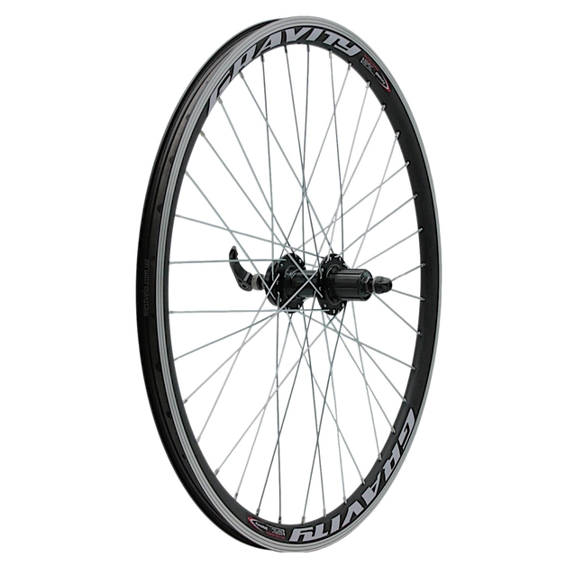 Колесо 26 зад, обід 2-ний чорний, втулка AL SHUNFENG касета (8-10S), диск 6 болтів, проми, ексцентрик, чорна спиця фото westvelo.com