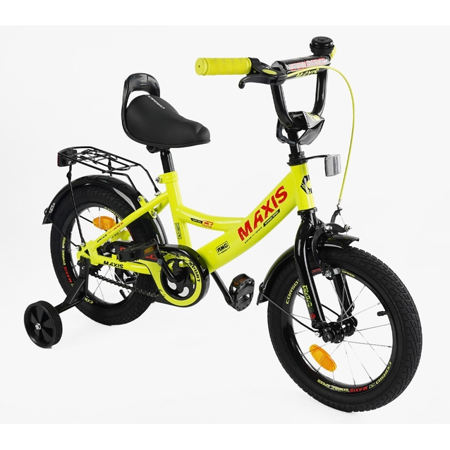 Дитячий велосипед 14 ST Corso «MAXIS» CL-14663 жовтий, ручне гальмо, дзвіночок, сидіння з ручкою, додаткові колеса фото westvelo.com
