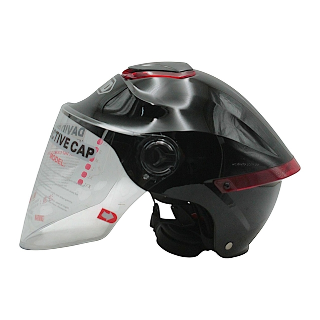 Мото шолом, відкритий "DAVID" D307, чорний глянцевий, регулятор розміру з червоним катафотом (мото/вело/самокат) (ABS) фото westvelo.com