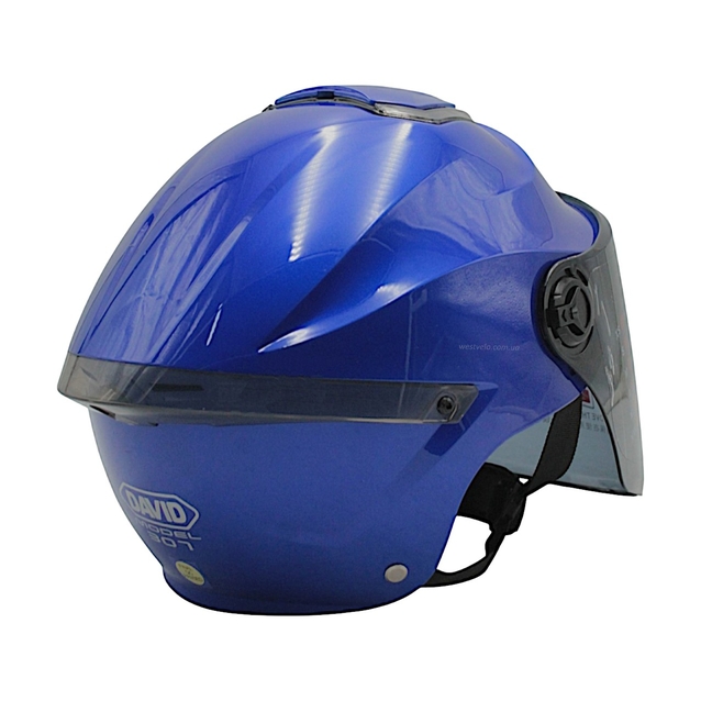 Мото шолом, відкритий "DAVID" S307, синій глянцевий тоноване скло, регулятор розміру з білим катафотом (ABS) фото westvelo.com