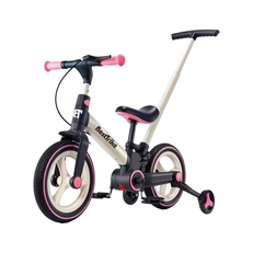 Дитячий велосипед трансформер, 2-х колісний, з батьківською ручкою, EVA Best Trike BT-12755 біло-рожевий, з’ємні педалі, ручне гальмо, допоміжні бокові колеса