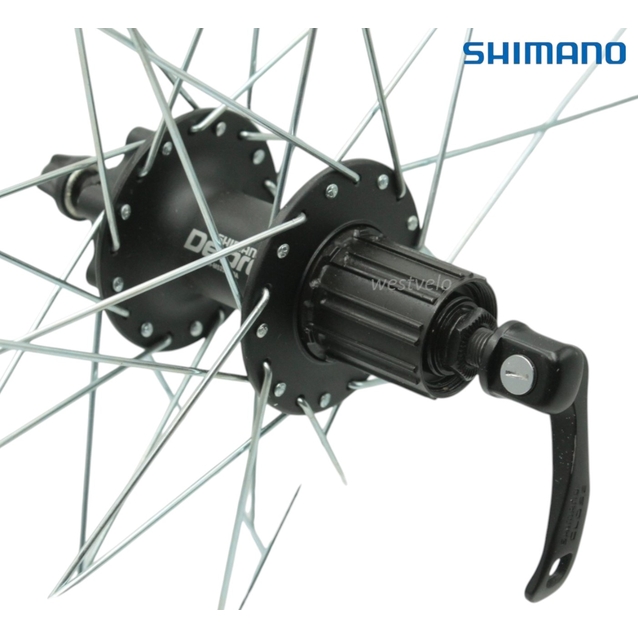 Колесо 28-29 зад, обід 2-ний чорний дисковий, втулка AL SHIMANO DEORE касета (8-10S) на віночках,  диск 6 болтів, ексцентрик фото westvelo.com