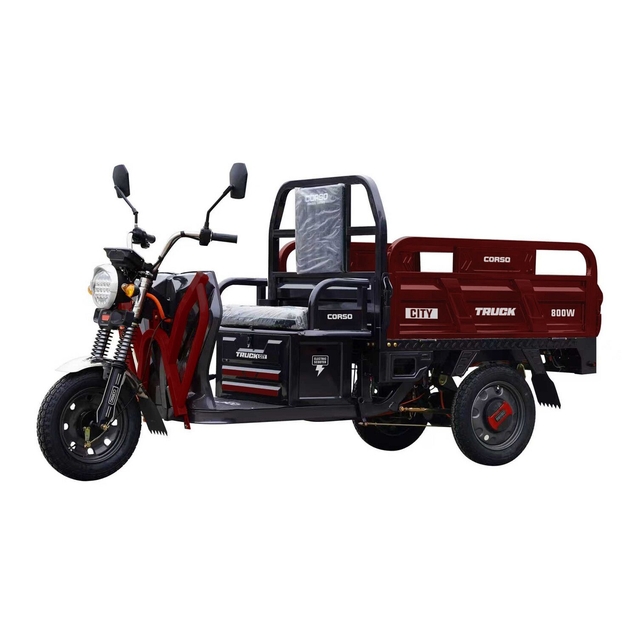 Трицикл РОЗІБРАНИЙ вантажний Corso «TRUCK CITY» CT-940567, двигун 800W, акумулятор 60V 45Ah графеновий, бордовий 7 МІСЦЬ+2ящик.акум, колеса 12" фото westvelo.com