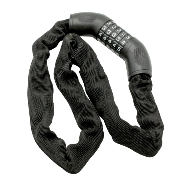 Замок на код змінний 5 цифр, ланц в чохлі 1000мм. MASJIE 162, чорний фото westvelo.com