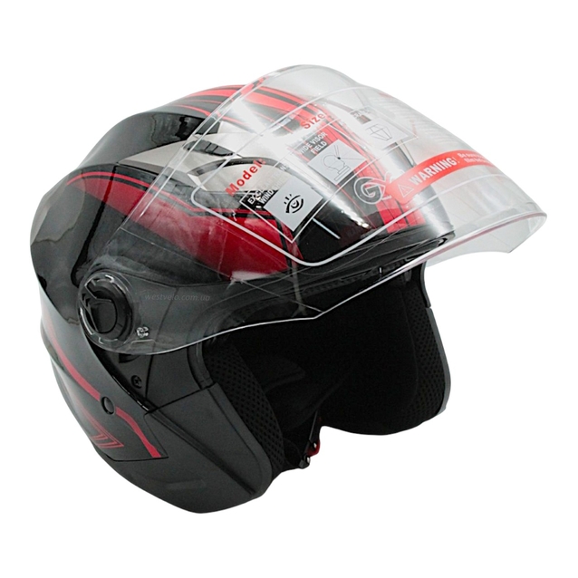 Мото шолом, відкритий (L 59-60) GXT "1001-5", чорний матовий з червоними вставками з відкидними окулярами фото westvelo.com