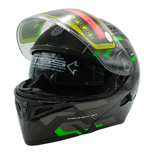 Мото шолом, трансформер (L) DOT "1001-38" чорно-зелений глянцевий, вмонтовані окуляри фото westvelo.com