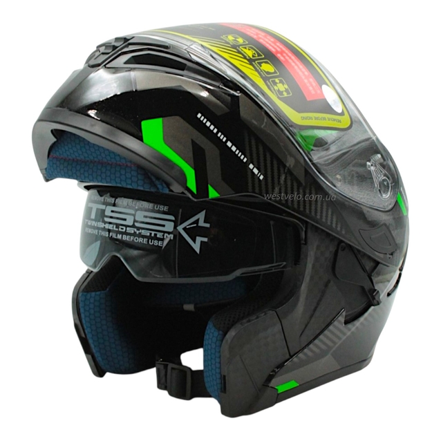 Мото шолом, трансформер (M) DOT "1001-38" чорно-зелений глянцевий, вмонтовані окуляри фото westvelo.com