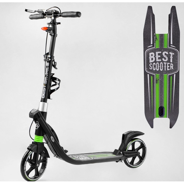 Самокат дитячий 2-х колісний, PU Best Scooter  L-22066 чорно-салатовий, Ø200mm, ФАРА, 2 амортизатори, затискач керма, ручне гальмо