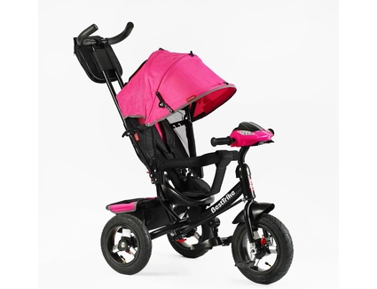 Дитячий велосипед 3-х колісний з батьківською ручкою, з дашком, надувні колеса Best Trike 3390/33-908 рожево-чорний, d=29см. переднє, d = 26см. задні, ФАРА З USB, пульт