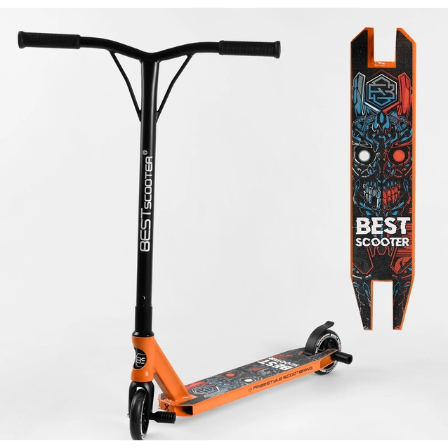 Самокат трюковий Best Scooter «ROBOT-1» 18378 помаранчево-блакитний, HIC-система, пеги, AL диск та дека, колеса PU Ø110mm, ширина керма - 52 см, висота - 83 см фото westvelo.com