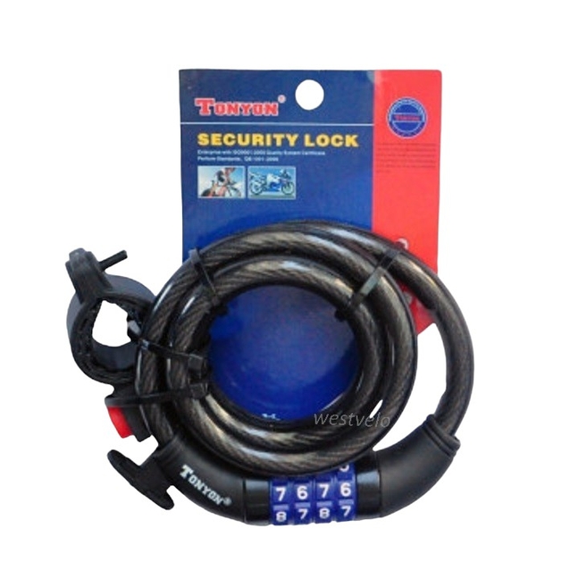 Замок на код змінний 4 цифри TONYON 523 Ø12mm-1000mm з кріпленням на раму фото westvelo.com