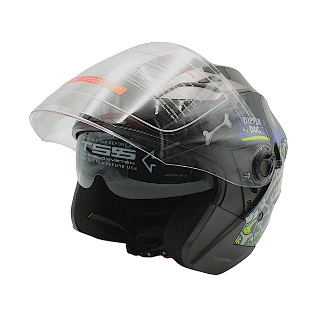 Мото шолом, відкритий (S) (55-56см) BLD-708 "Bulldog" чорно-синій глянець з відкидними окулярами фото westvelo.com