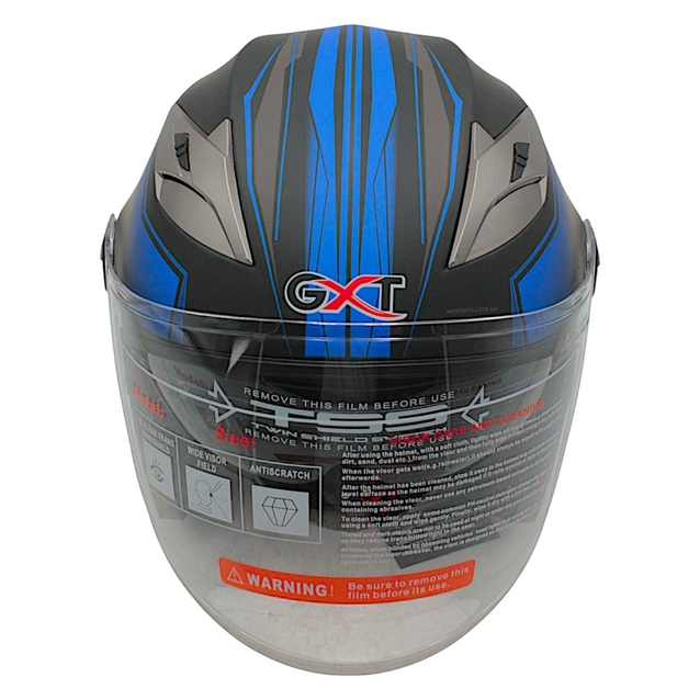 Мото шолом, відкритий (L) GXT "1001-1" чорний матовий з синіми вставками з відкидними окулярами фото westvelo.com