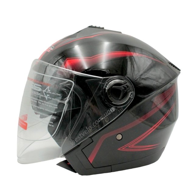 Мото шолом, відкритий (XS 53-54) F2-707, чорно-червоний, глянець, з відкідними окулярами фото westvelo.com