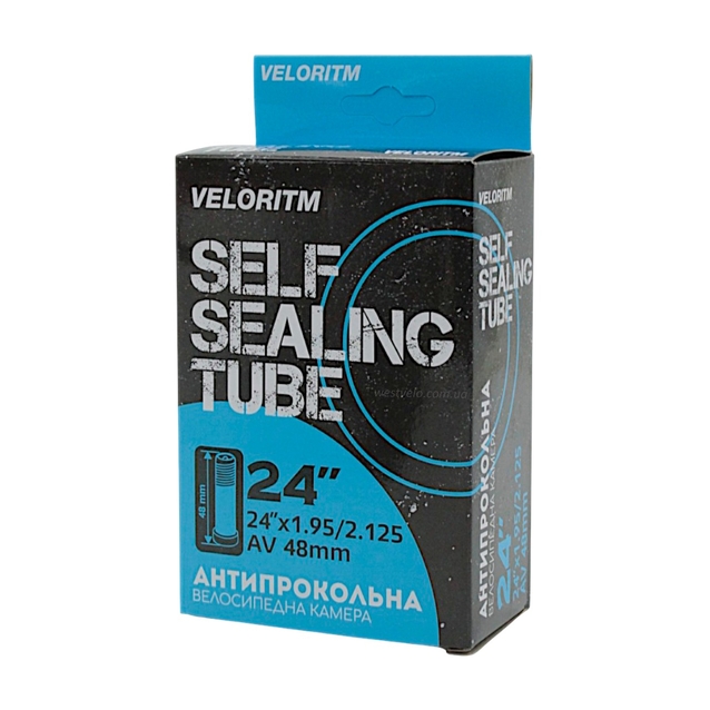 Камера 24. довгий ніпель AV 48mm VELORITM (1.95-2.125) самоклеюча (з антипрокольним гелем) фото westvelo.com