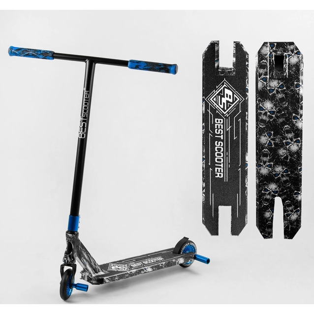 Самокат трюковий Best Scooter «SKULLS» BS-99808 чорно-синій, HIC-система, пеги, AL диск та дека, колеса PU Ø110mm, ширина керма - 60 см фото westvelo.com