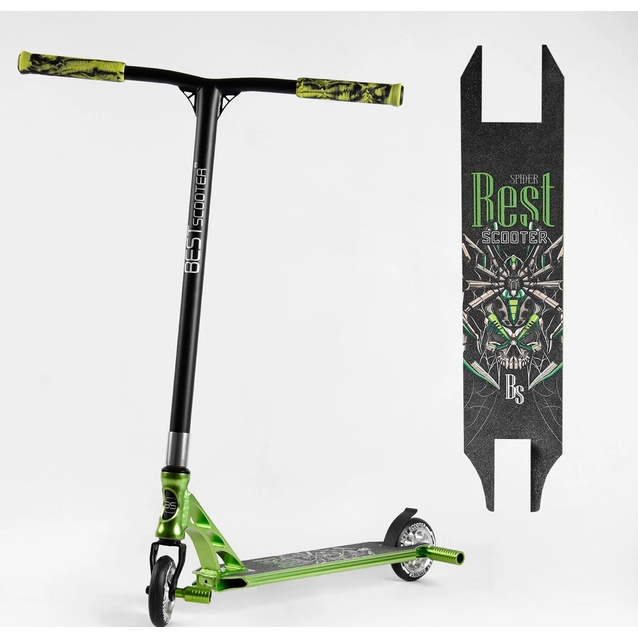Самокат трюковий Best Scooter «SPIDER» 53442 чорно-зелений, HIC-система, пеги, AL диск та дека, колеса PU Ø110mm, ширина керма - 60 см фото westvelo.com