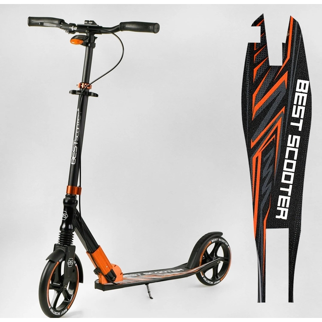Самокат дитячий 2-х колісний, PU Best Scooter 79740 чорно-помаранчевий, колеса Ø230-200mm, AL, 1 амортизатор передній, ФАРА, затискач керма фото westvelo.com