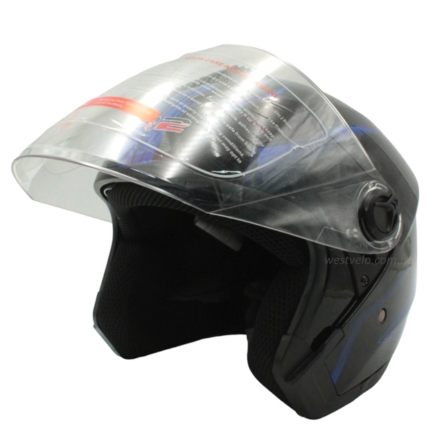 Мото шолом, відкритий (XS 53-54) F2-707, чорно-синій, глянець, з відкидними окулярами фото westvelo.com