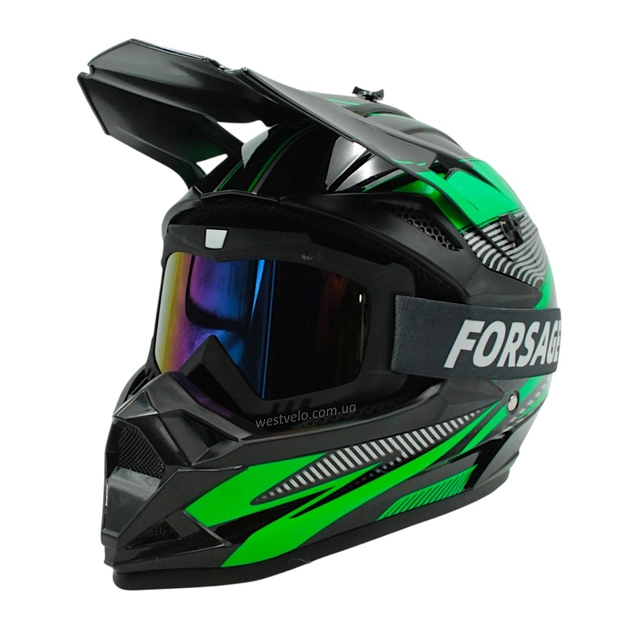 Шолом, закритий крос/ендуро (L) DOT/АТV EDX 025 чорно-зелений глянець з дашком + окуляри фото westvelo.com
