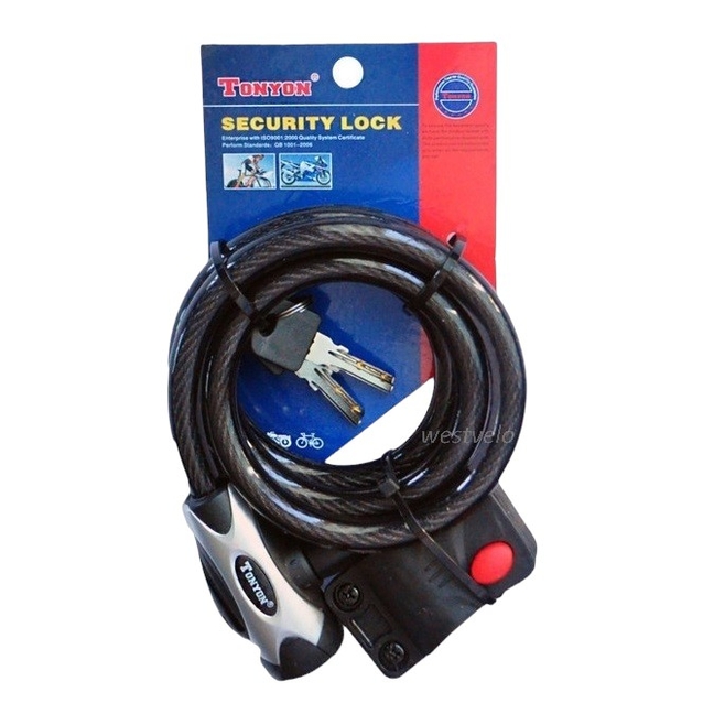 Замок TONYON 555 Ø8mm-1500mm на ключ, з кріпленням на раму фото westvelo.com