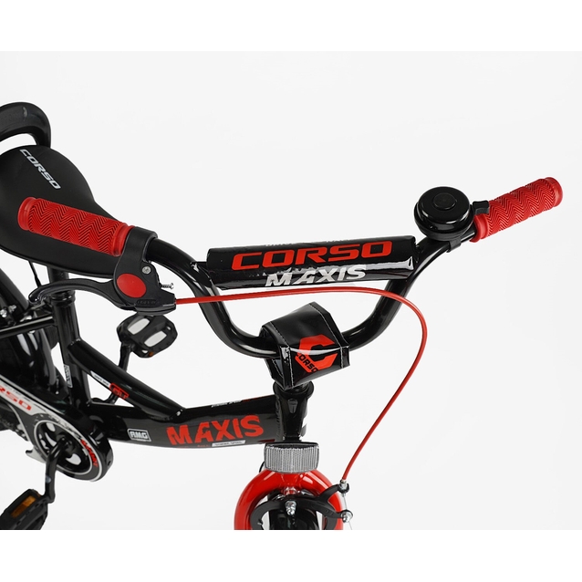 Дитячий велосипед 14 ST Corso «MAXIS» CL-14602 чорно-червоний, ручне гальмо, дзвіночок, сидіння з ручкою, додаткові колеса фото westvelo.com