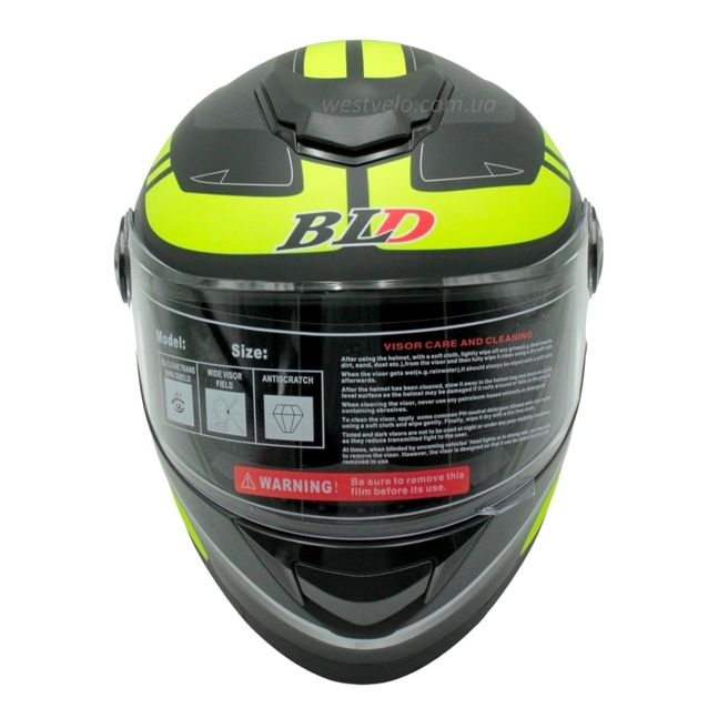 Мото шолом, закритий (S 55-56) BLD-М65 інтеграл, чорний матовий з салатовим малюнком фото westvelo.com