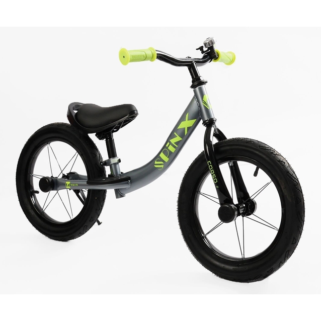 Велобіг 14 Corso надувні колеса, сталева рама «SPIN-X»  PX-392-86 графітово-салатовий, підніжка, підставка для ніг, дзвіночок фото westvelo.com