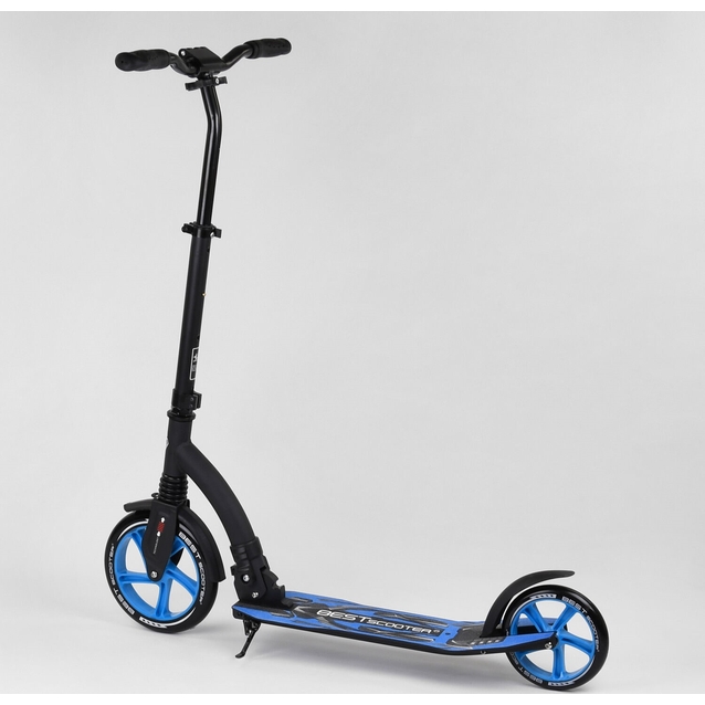 Самокат дитячий 2-х колісний, PU Best Scooter 54664 чорно-блакитний, колеса Ø230-200mm, AL, 1 амортизатор, широкий руль, зажим руля фото westvelo.com