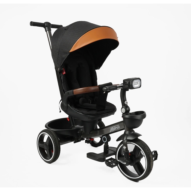 Дитячий велосипед 3-кол з батьківською ручкою, з даш, PU BestTrike «MARCO» 9155/312-51 чорно-коричневий, поворотне сидіння, складне кермо, кошик, телескопічна ручка, фара музична фото westvelo.com