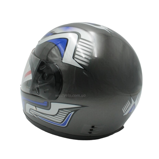 Мото шолом, закритий HTK-221,інтеграл, сірий глянець з синьо-білим малюнком фото westvelo.com