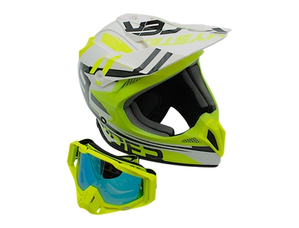 Шолом, закритий крос/ендуро (XL 61-62) АТV Forsage Rider  030 біло-жовтий глянець з дашком + окуляри