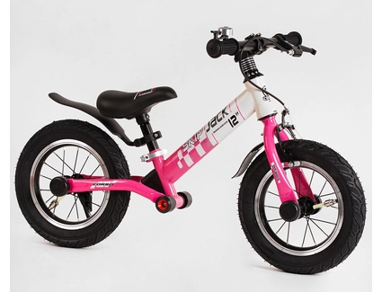 Велобіг 12 Corso надувні колеса, сталева рама «SKIP JACK» 25025 ручне гальмо, з амортизатором, рожево-білий