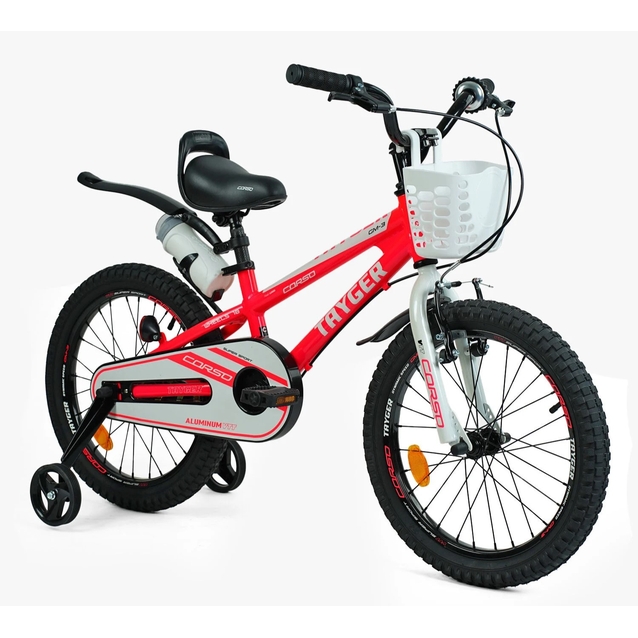 Дитячий велосипед 18 AL Corso «TAYGER» TG-36098 алюмінієва рама неоново-рожево-білий, ручне гальмо, дод. колеса, дзвоник, бутилочка фото westvelo.com