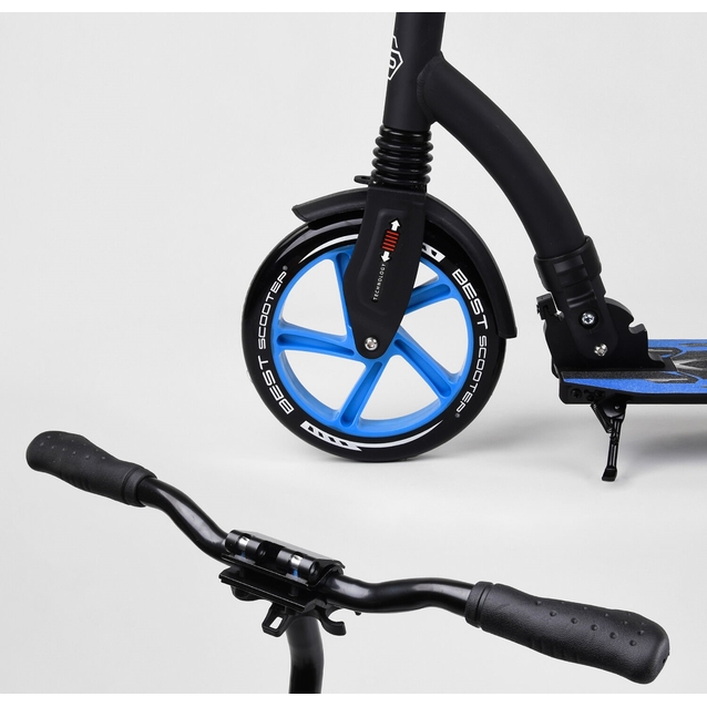 Самокат дитячий 2-х колісний, PU Best Scooter 54664 чорно-блакитний, колеса Ø230-200mm, AL, 1 амортизатор, широкий руль, зажим руля фото westvelo.com