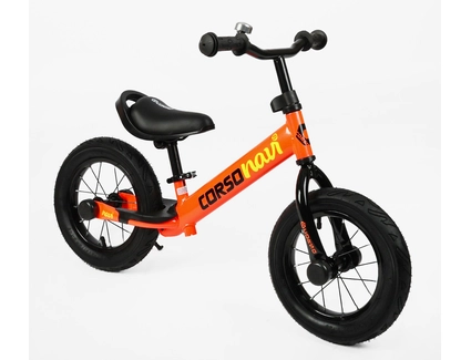 Велобіг 12 Corso надувні колеса, сталева рама «NAVI» NV-62378 помаранчевий, підніжка, підставка для ніг, дзвіночок