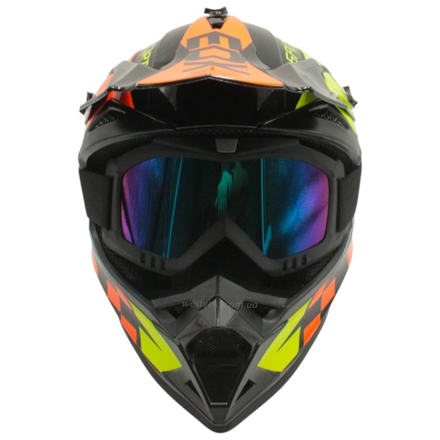 Шолом, закритий крос/ендуро (S) АТV EDX 021 чорно-салатово-помаранчевий глянець з дашком + окуляри фото westvelo.com