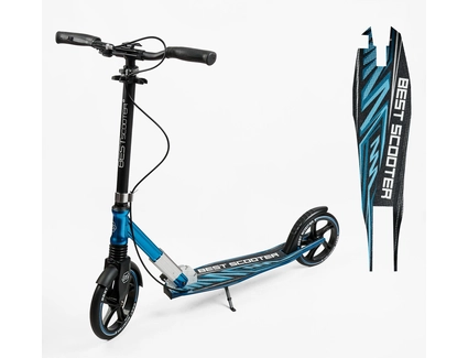 Самокат дитячий 2-х колісний, PU Best Scooter 23013 чорно-блакитний, колеса Ø230-200mm, AL, 1 амортизатор передній, ФАРА, затискач керма