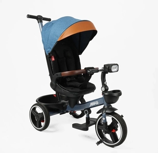 Дитячий велосипед 3-кол з батьківською ручкою, з даш, PU BestTrike «MARCO» 9155/307-05 синьо-коричневий, поворотне сидіння, складне кермо, кошик, телескопічна ручка, фара музична