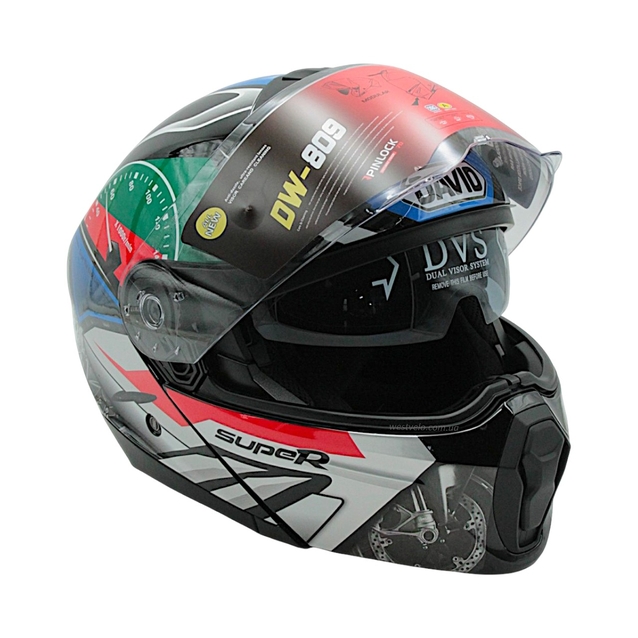 Мото шолом, трансформер (L) DAVID D809A чорний з кольоровим принтом, глянцевий з відкидними окулярами (ABS) фото westvelo.com
