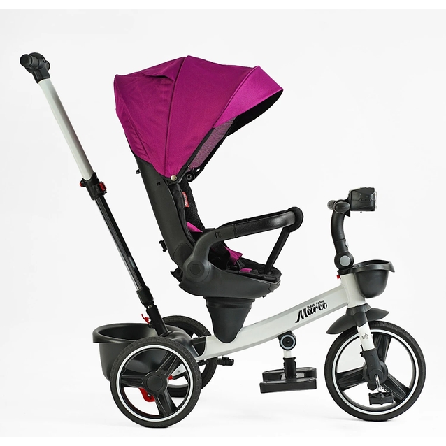 Дитячий велосипед 3-кол з батьківською ручкою, з даш, PU BestTrike «MARCO» 9155/365-18 рожево-білий, поворотне сидіння, складне кермо, кошик, телескопічна ручка, фара музична фото westvelo.com