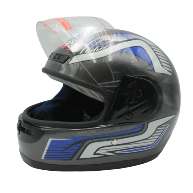 Мото шолом, закритий HTK-221,інтеграл, сірий глянець з синьо-білим малюнком фото westvelo.com