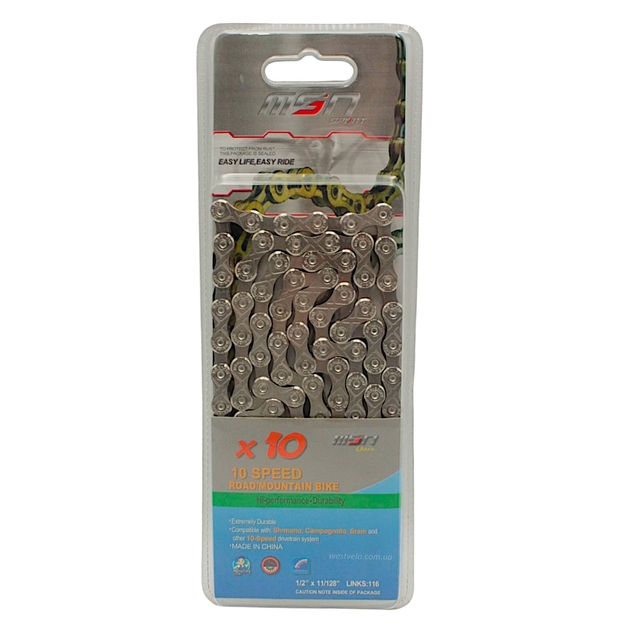 Ланцюг спорт. 10 передач MSN X10 нікель пластик 116 ланок (1/2 х 11/128) + замок фото westvelo.com
