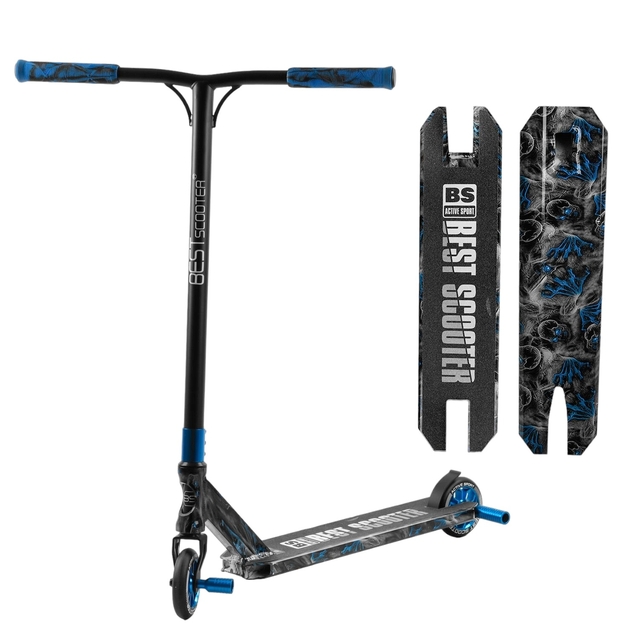 Самокат трюковий Best Scooter «SKULLS» BS-77566 чорно-синій, HIC-система, пеги, AL диск та дека, колеса PU Ø110mm, ширина керма - 60 см фото westvelo.com