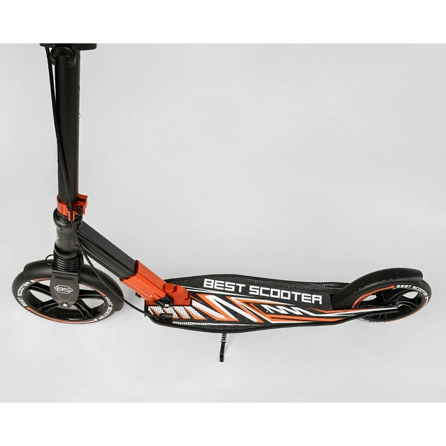 Самокат дитячий 2-х колісний, PU Best Scooter 79740 чорно-помаранчевий, колеса Ø230-200mm, AL, 1 амортизатор передній, ФАРА, затискач керма фото westvelo.com