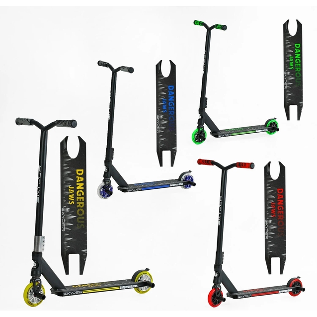 Самокат трюковий Skyper «DANGEROUS JAWS» C-40228 видається тільки ЯЩИКОМ 8шт МІКС кольорів, HIC-система, пеги, AL диск та дека, колеса PU Ø110mm, ширина керма - 46 см фото westvelo.com