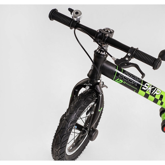 Велобіг 12 Corso надувні колеса, сталева рама «SKIP JACK» 95112 ручне гальмо, з амортизатором, чорно-салатовий фото westvelo.com
