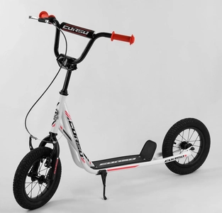 Самокат дитячий 2-х колісний, надувні колеса 12 Corso JT 28822 чорно-білий, ручне переднє гальмо