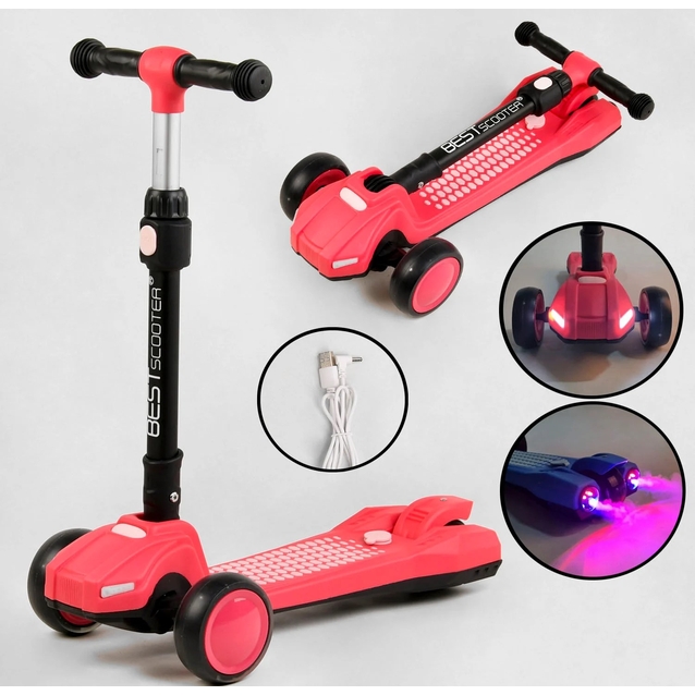 Самокат дитячий 3-х колісний, Best Scooter LT-11746 рожевий, колеса PU Ø120mm/90mm, пластмасовий, світло, звук машини, дим, складне кермо фото westvelo.com